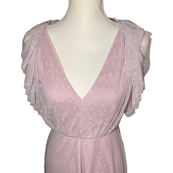 Gianni Bini Women's‎ Medium Lilac Swiss Dot Mesh Ruffle Open Back Mini Dress - Picture 2 of 10